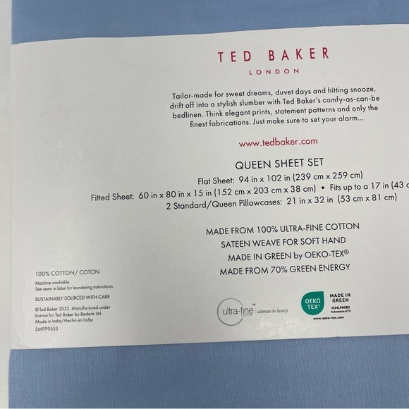 Ted Baker London Blue Queen Sheet set Ultra Fine sateen cotton New - Picture 6 of 7